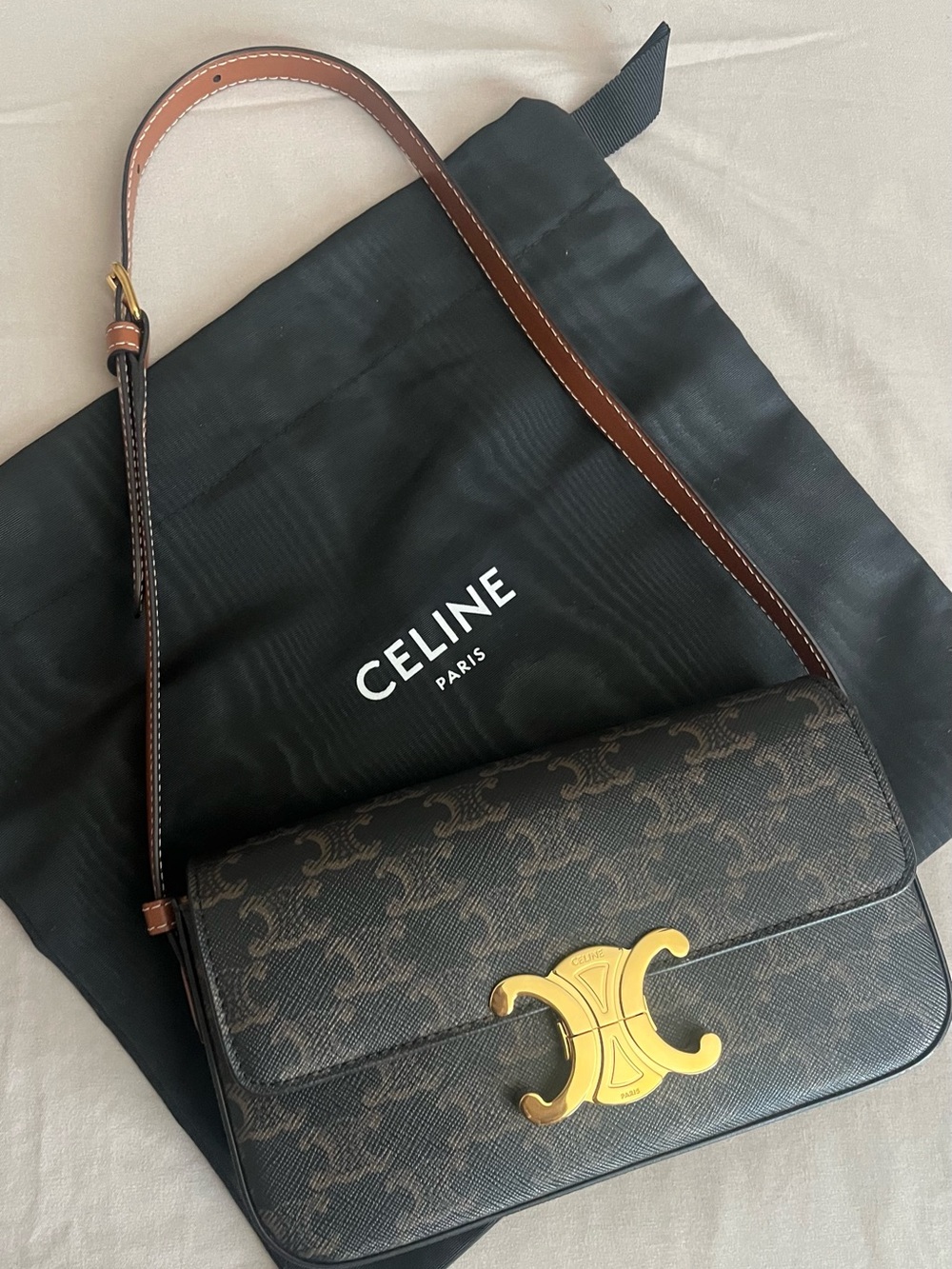 Celine Brown Triomphe Canvas Shoulder Bag with Gold Hardware